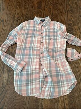 Chaps Pink and Gray Plaid 100% Cotton Button-Up Shirt Small